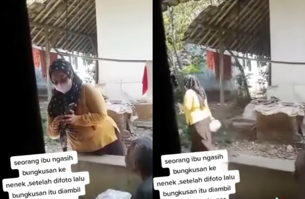 ibu-ibu kasih makanan ke nenek