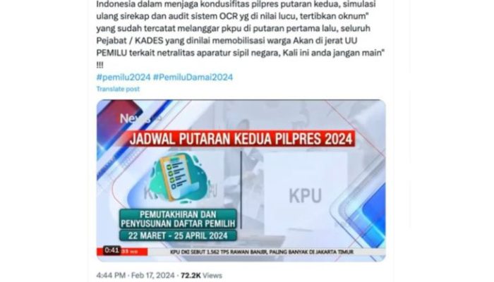 CEK FAKTA: Beredar Isu KPU Resmikan Jadwal Pilpres Putaran Kedua pada 26 Juni 2024, Benar Begitu?