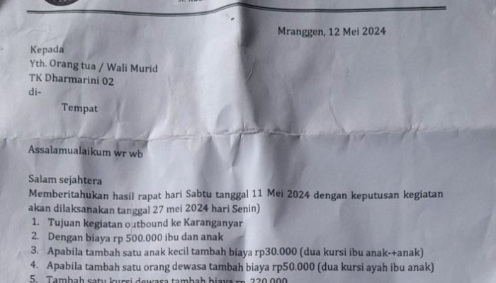 Beredar Surat Edaran Study Tour TK di Demak, Tetap Minta Bayaran Ratusan Ribu Buat yang Tak Ikut