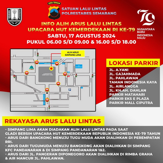 Ada Upacara HUT Kemerdekaan ke-79 RI, Lalu Lintas di Seputaran Simpanglima Dialihkan