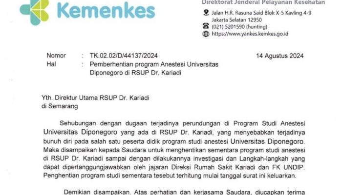 Beredar Surat Kemenkes Hentikan Sementara Prodi Anestesi Undip di RSUP Kariadi, Begini Respons Pihak Kampus