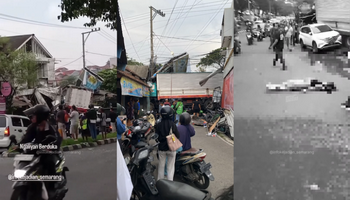 Diduga Rem Blong, Truk Tabrak Kios dan Kendaraan di Ngaliyan, Wanita Terkapar Kepala Berdarah