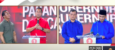 Pasangan calon Kepala Daerah nomor urut 1 (Andika-Hendi) dan paslon nomor urut 2 (Luthfi-Yasin) dalam debat Pilgub Jateng. (YouTube/beritajatengtv channel)