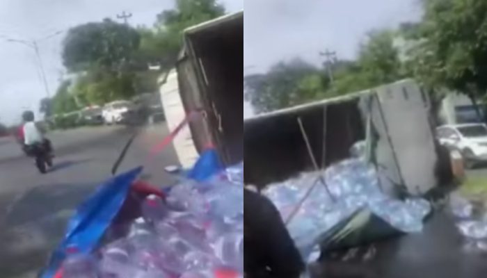 Truk Pengangkut Galon Air Mineral Terguling di Tanjakan Ngaliyan, Lalu Lintas Tersendat