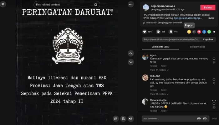Medsos BKD Jateng Digeruduk Guru Tak Lolos Administrasi PPPK: Lebih Buruk Dibanding Papua