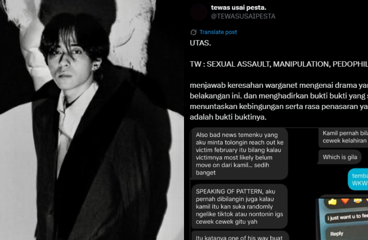 Vokalis Harum Manis Sulthon Kamil (kiri) dan utas viral di X soal dugaan pedofilia yang dilakukan Kamil terhadap remaja perempuan di bawah umur. (Instagram/@sulthonkamil dan X/@@TEWASUSAIPESTA)