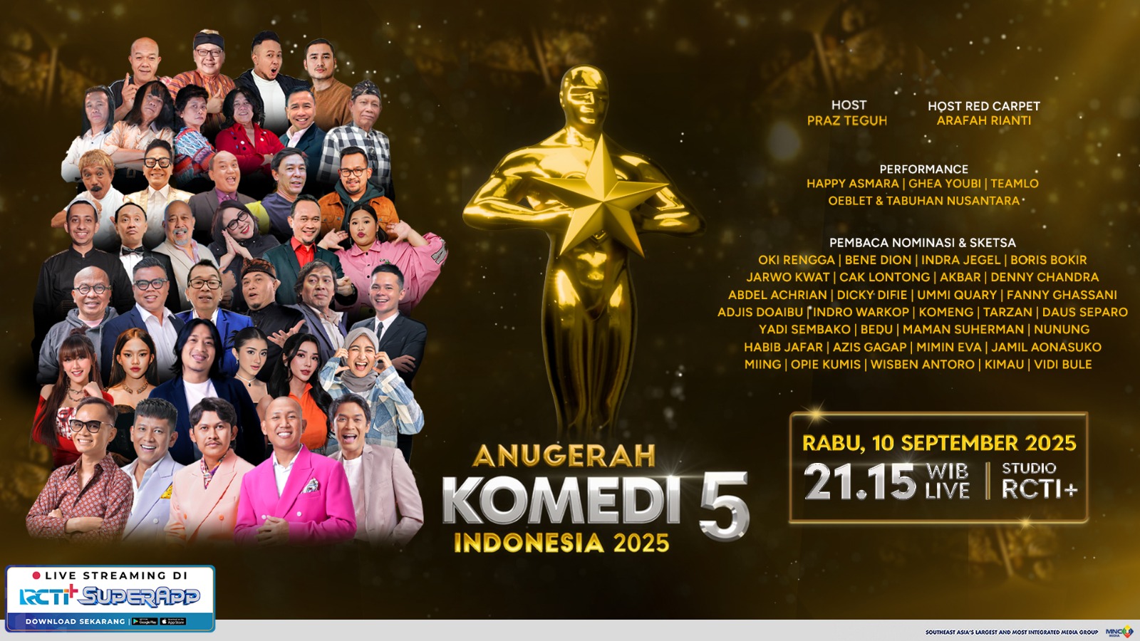 Dunia komedi Tanah Air kembali mendapat panggung istimewa melalui Anugerah Komedi Indonesia (ANUKOM) 2025, ajang penghargaan para komedian. (Dok.)