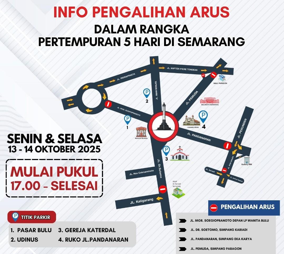 Hindari Macet! Ini Rekayasa Lalu Lintas dan Lokasi Parkir Saat Peringatan Pertempuran Lima Hari di Semarang