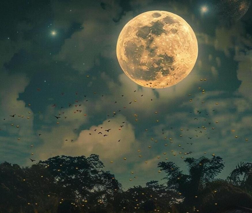 gambar Harvest Supermoon keemasan bersinar di langit malam