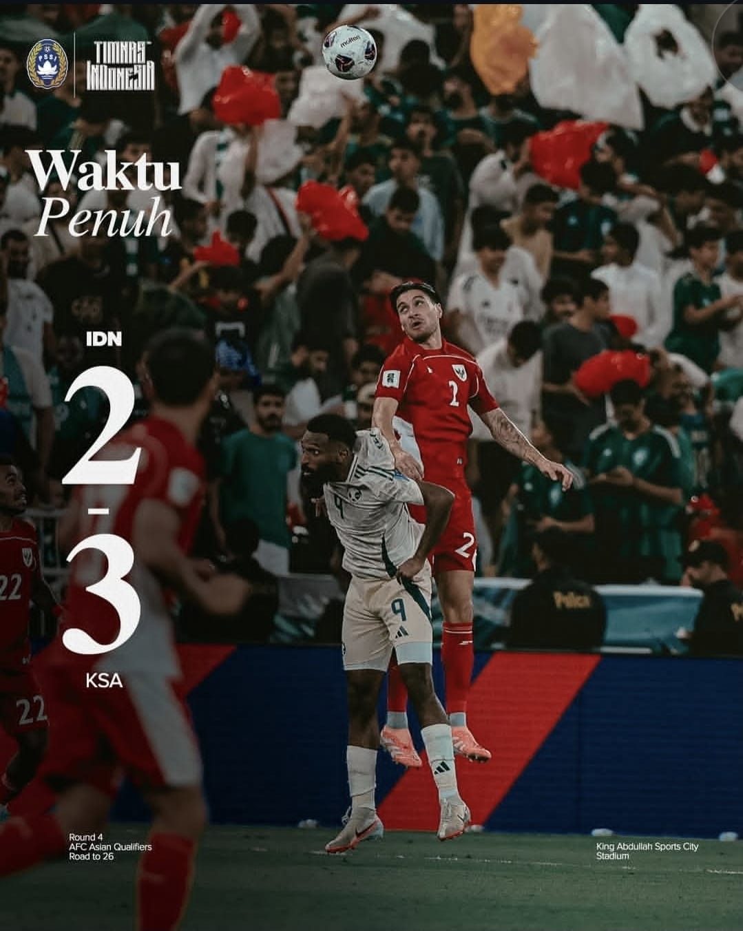 gambar aksi pertandingan Timnas Indonesia vs Arab Saudi dengan sekor akhir 2-3 untuk kemenangan Arab Saudi