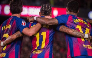 Trio penyerang Barcelona, Ferran (kiri), Rapinha (tengah), dan Marcus Rashford (kanan)