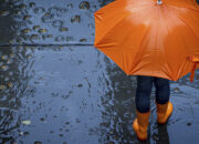 Gambar ilustrasi anak kecil berpayung di tengah hujan