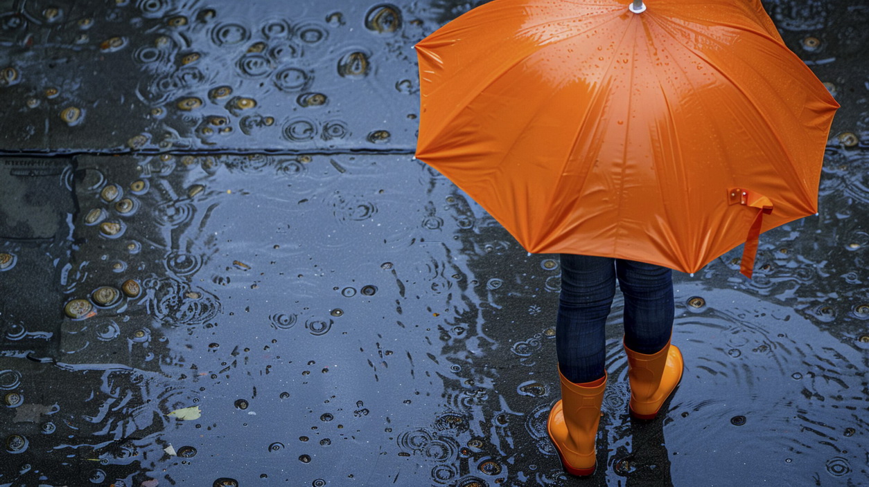 Gambar ilustrasi anak kecil berpayung di tengah hujan