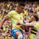 Selebrasi Casemiro dan Neymar JR ketika Brazil unggul 2-1 melawan Jepang