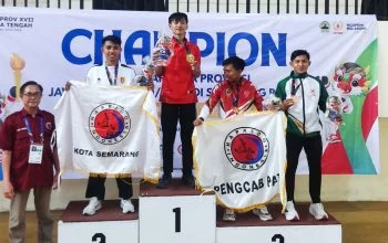 Atlet Hapkido Kabupaten Semarang, Mathea Dwi Prayoga sukses berdirin di podium tertinggi dan sukses meraih medali emas perdana bagi kontingen Kabupaten Semarang di kelas Daeryun 54 kilogram Putra. (Foto: Dok.)